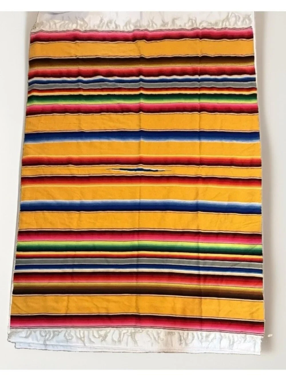 Vintage 80s Yellow Mexican Serape Blanket Colorful Stripes Boho  Fringe 82